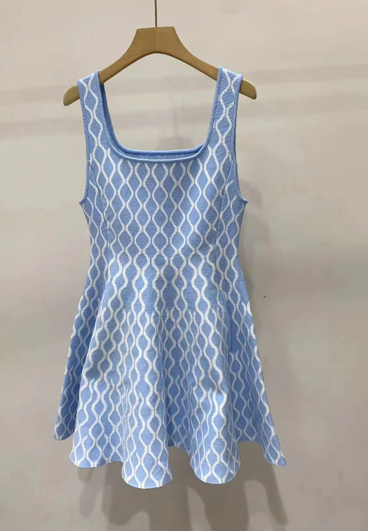 Blue or Black Geometric Jacquard Sleeveless Dress