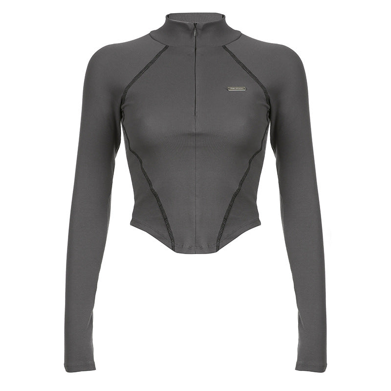 Mechanical Line Design  Fitness Sports Waist Trimming Half Turtleneck Zipper