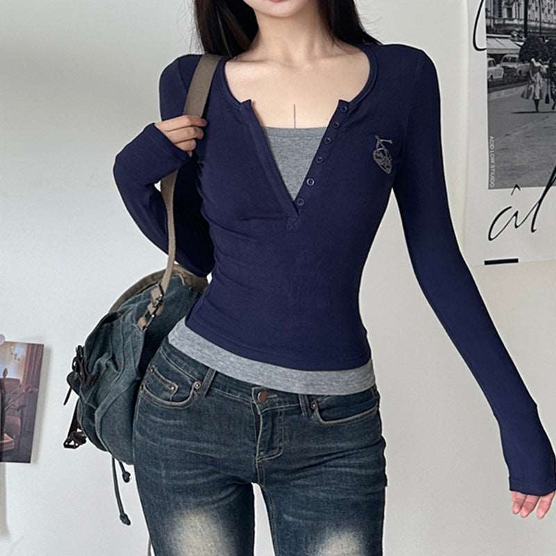 Autumn Winter Faux Two Piece V neck Slim Fit Slimming Sweater T shirt