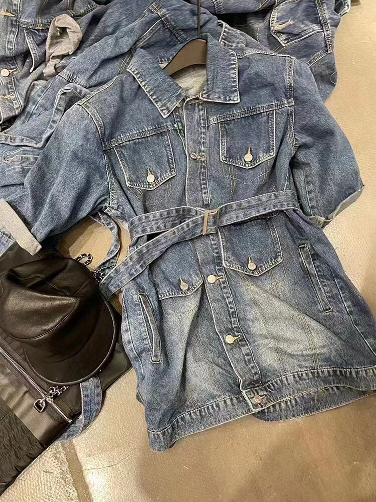 Button Denim Dresses  Lapel Long Sleeve High Waist Mini Solid