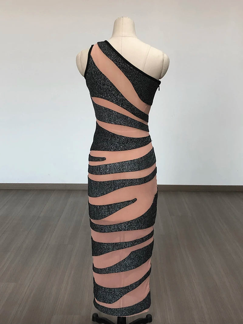 Single Shoulder Stripe Bandage Long Dress