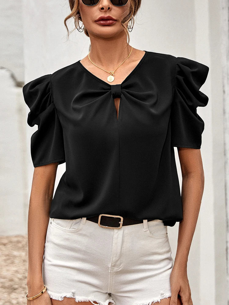 V-neck Elegant Puff Short Sleeve Blouse