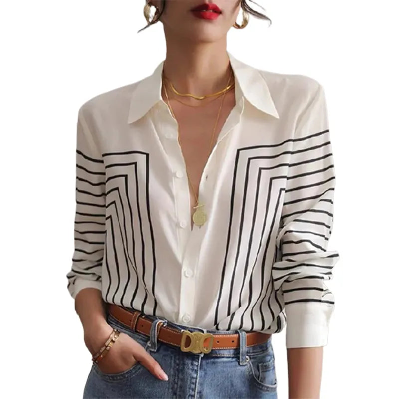 Striped Printed Lapel Blouses