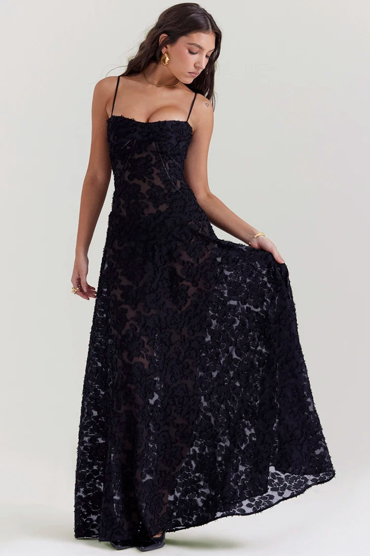 One-line Collar Sleeveless Lace Dress