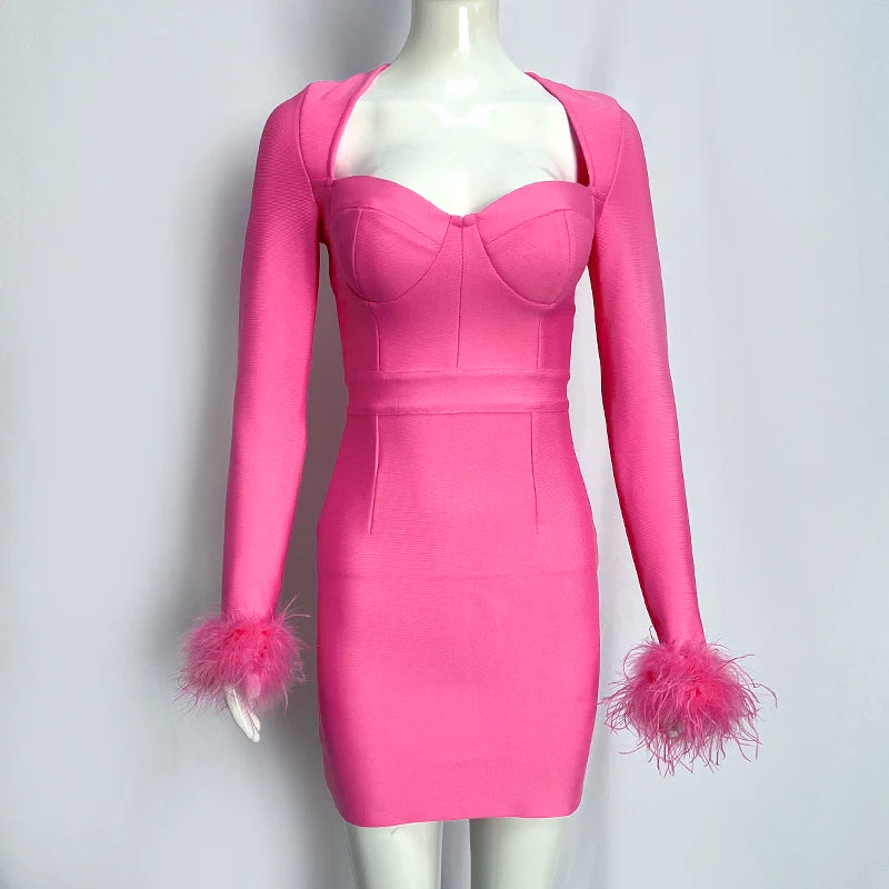 Long Sleeve Feather Mini Cocktail Dress Pink Mini Dress 1