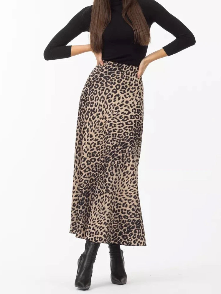 Leopard Satin Skirt Elastic High Waist