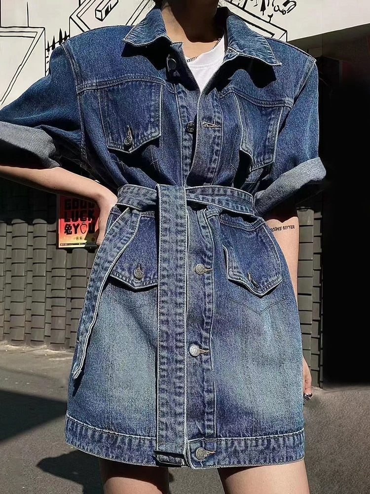 Button Denim Dresses  Lapel Long Sleeve High Waist Mini Solid