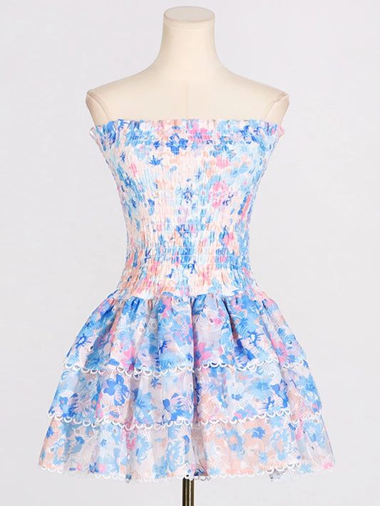 Hit Color Floral Printing strapless Dress