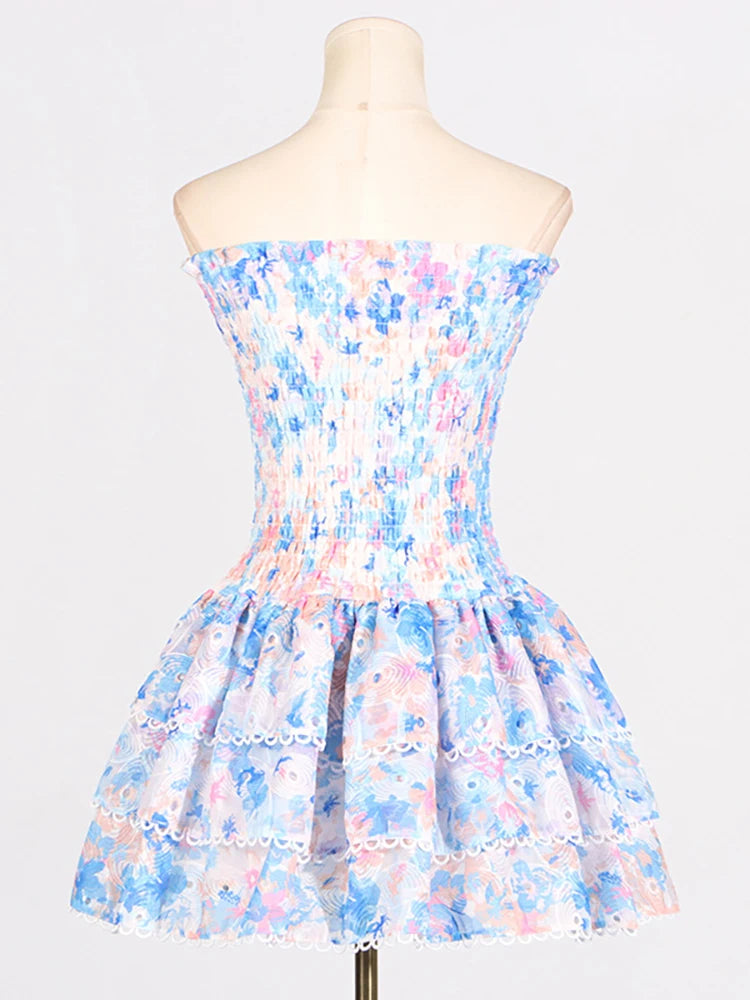 Hit Color Floral Printing strapless Dress