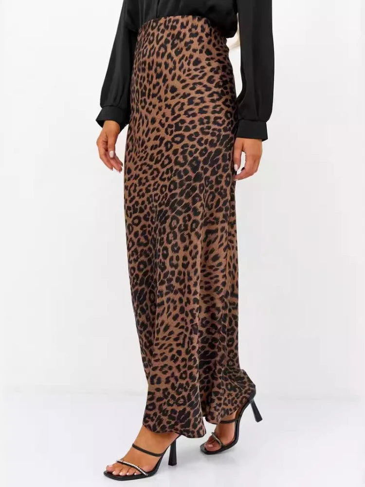 Leopard Satin Skirt Elastic High Waist