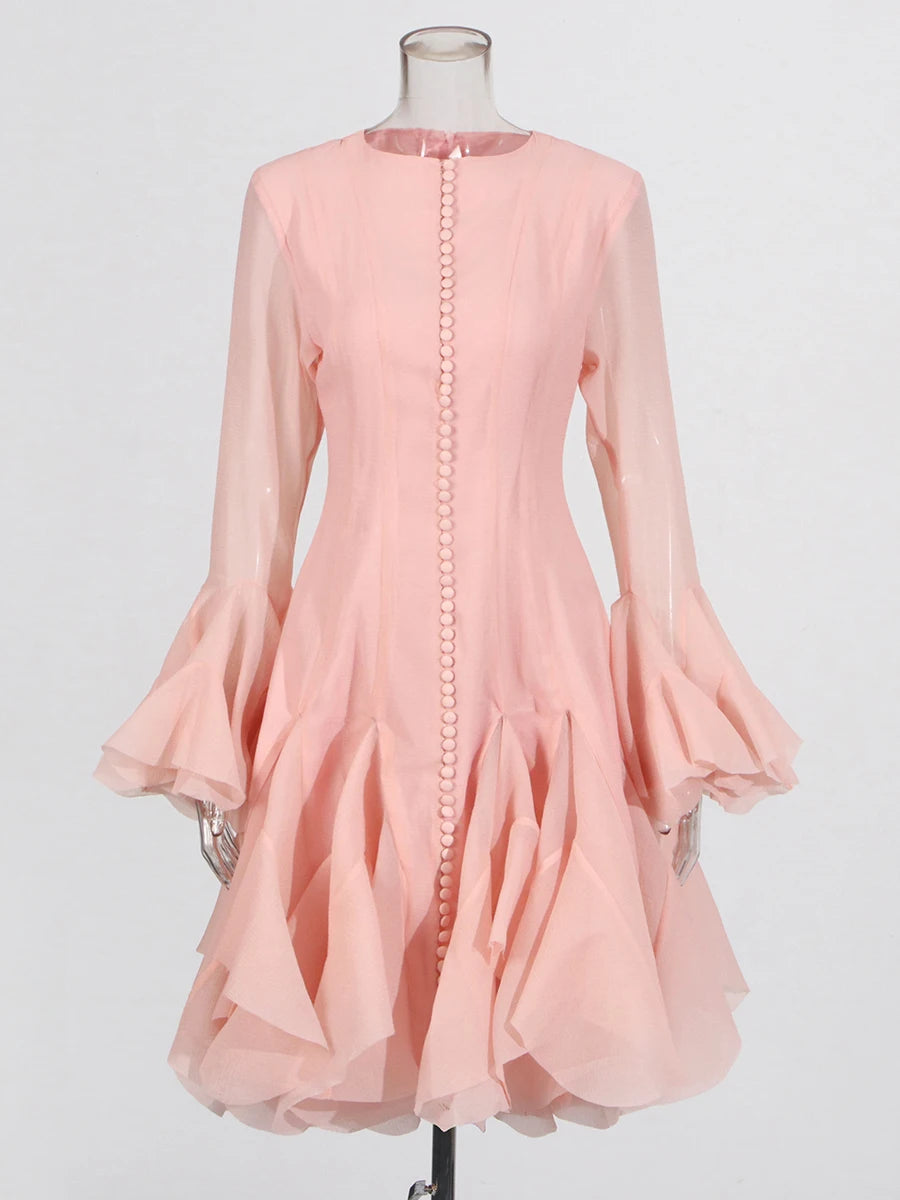 Irregular Pleated Patchwork Fashion Long Sleeve Mini Dresses Pink Mini Dress 1