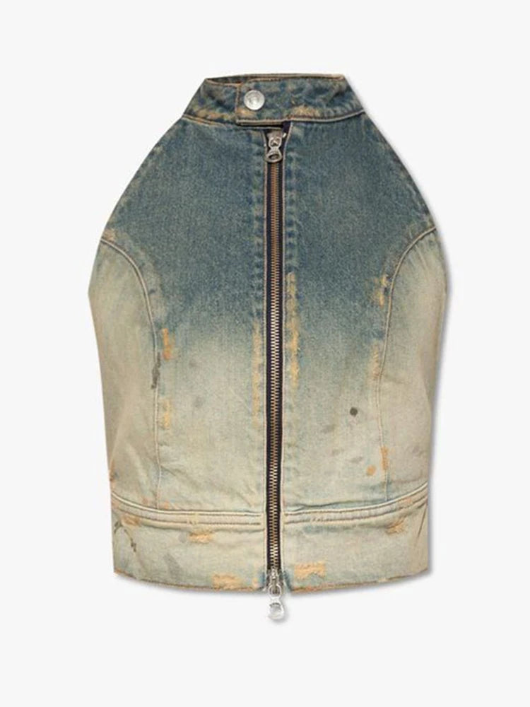 Hit Color Backless Denim Vests