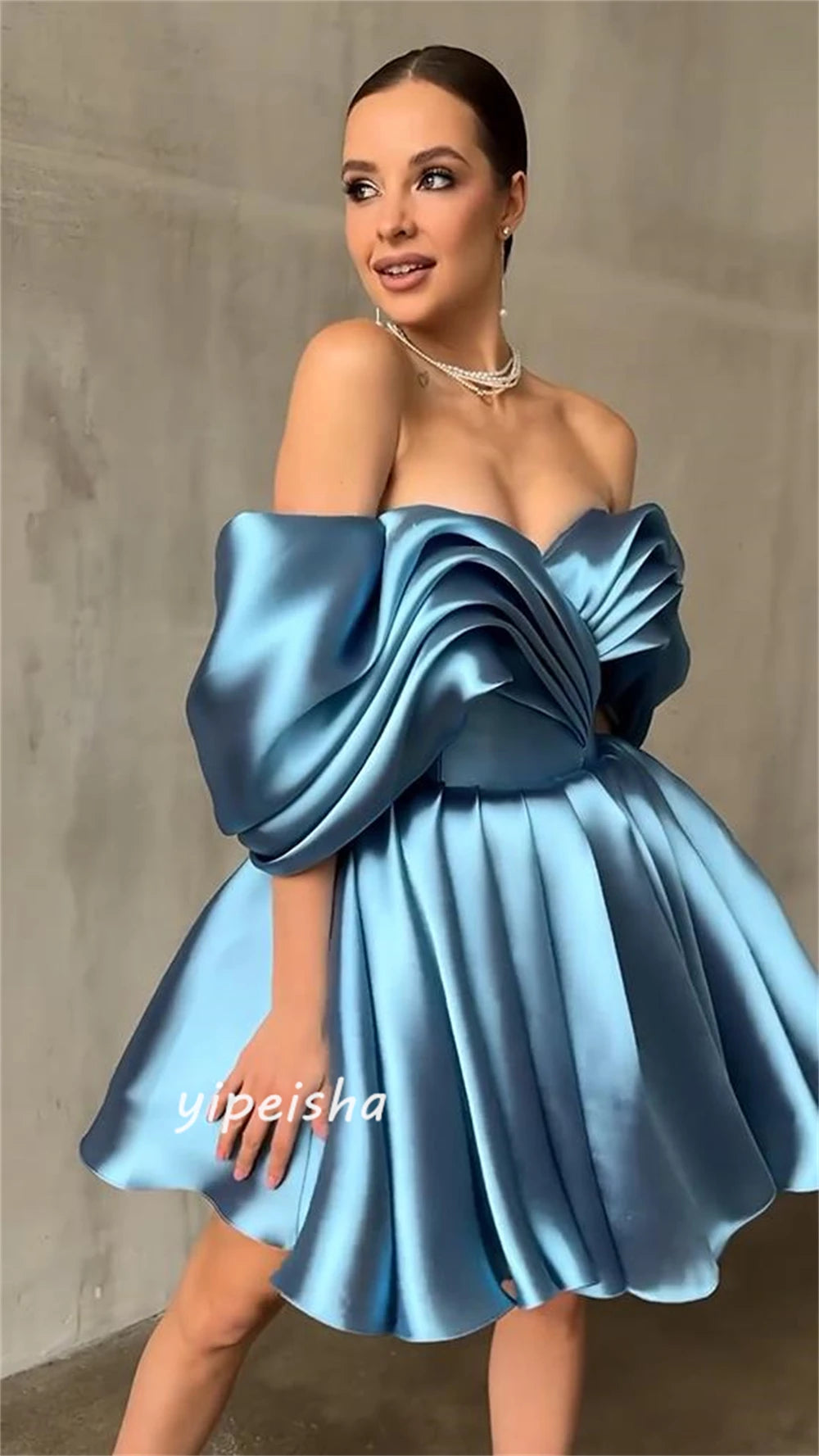 Saudi Arabia Satin Draped  Off-the-shoulder  Mini Dresses