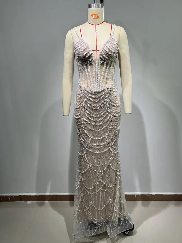 V Neck Pearl Beading Beige Maxi Dress