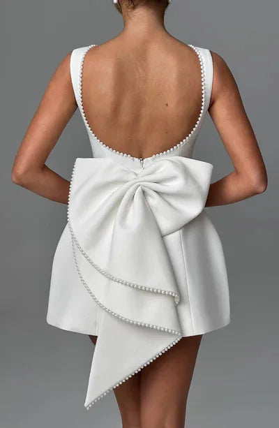 Elegant Pearl Bow Backless Short Dress White Mini Dress 1