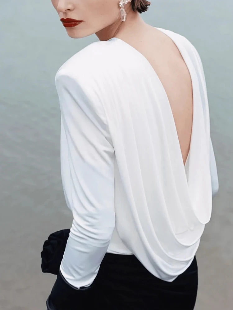 Solid Minimalist O-Neck Backless T-Shirt for Women - Elegant Long Sleeve Design PE Blouses