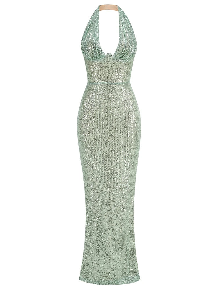 Sexy Halter Deep V Neck Sequins Maxi Dress Green Maxi dress 1