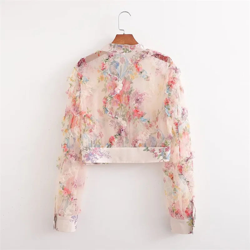 Pastoral style Flower Print Mesh Shirt