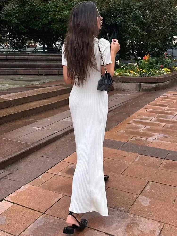 White Knit  Short Sleeve Patchwork Elegant  Dress