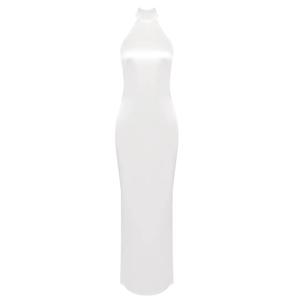 Halter Draped Backless Pearls Chains Maxi Dress White Maxi dress 1