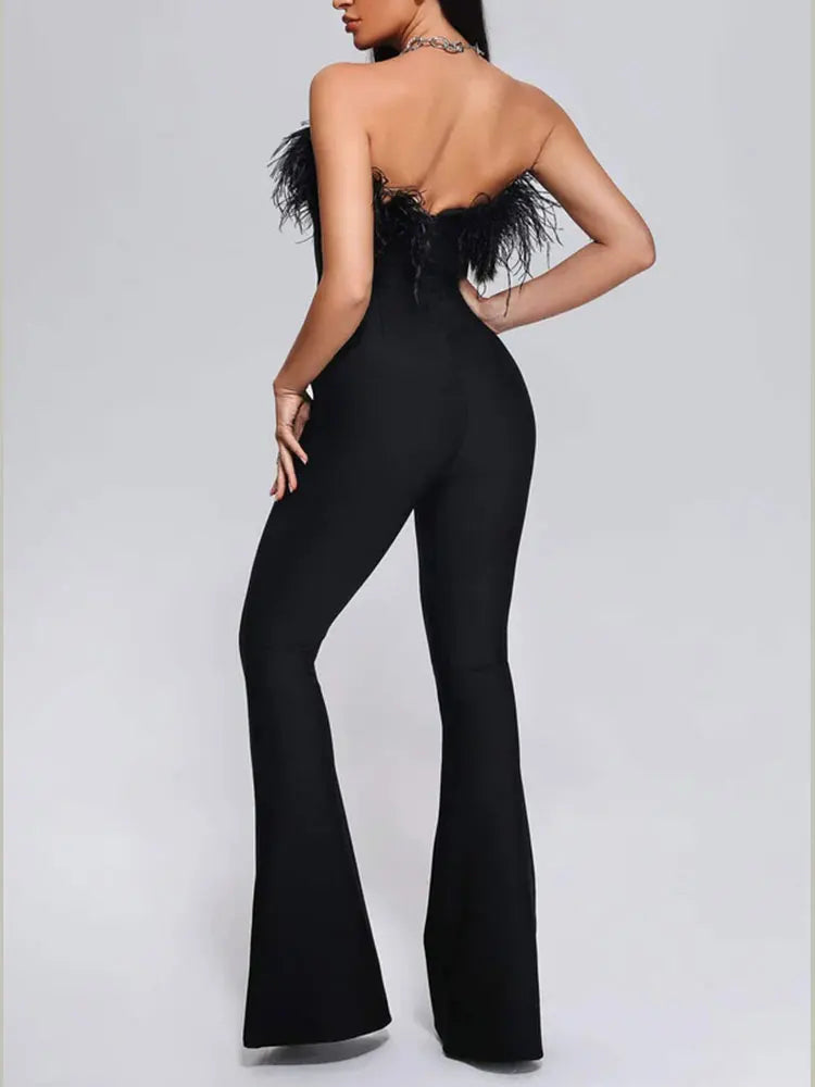 Strapless Sleeveless Off Shoulder Feather Jumpsuit