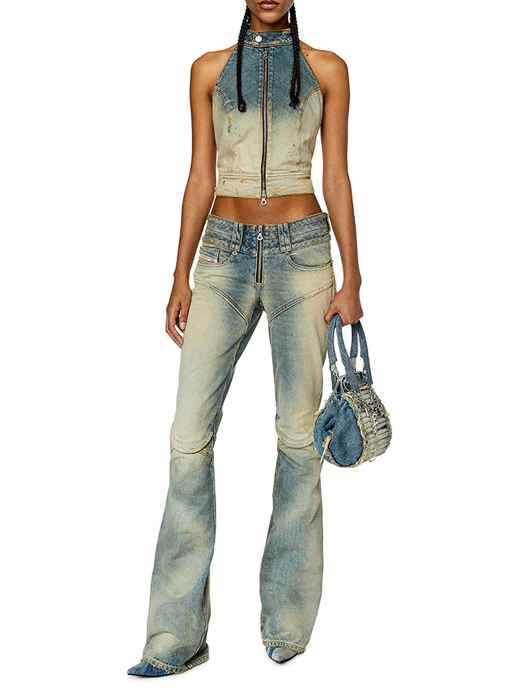 Hit Color Backless Denim Vests