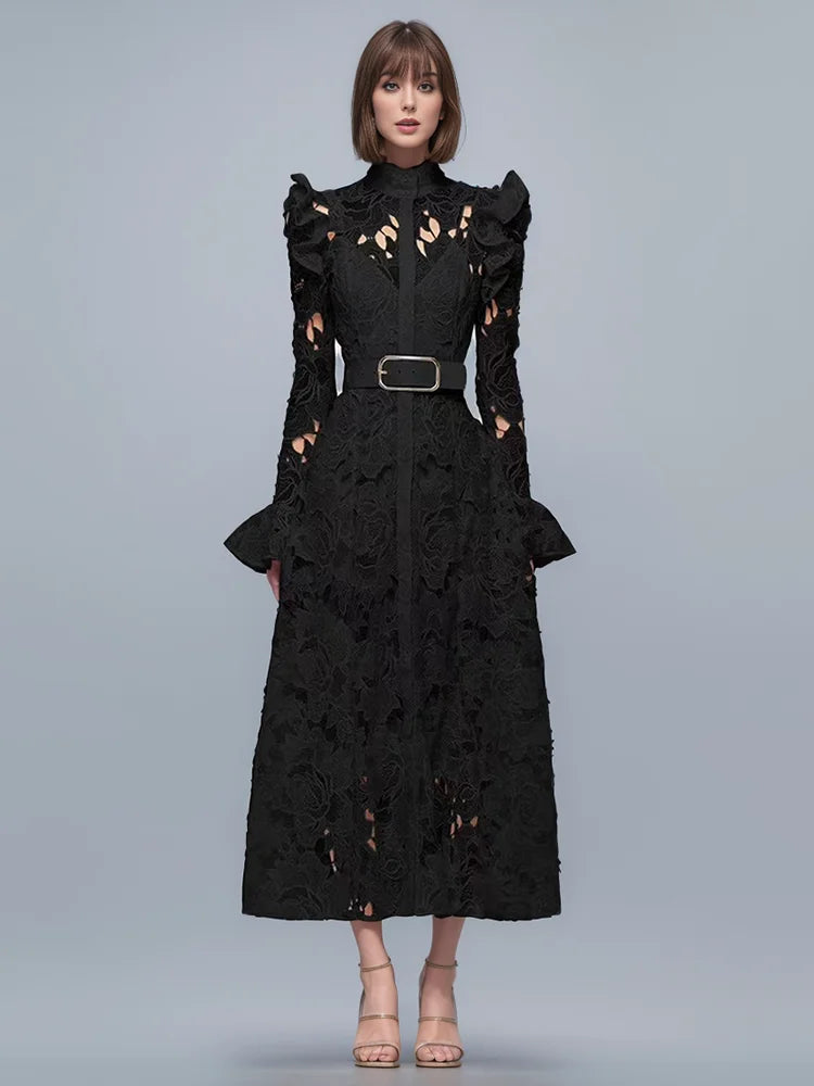 French temparament hollow long sleeved dress