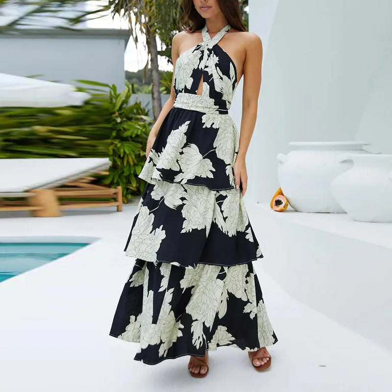 Printed Halter Long Dress print dress Maxi dress 1