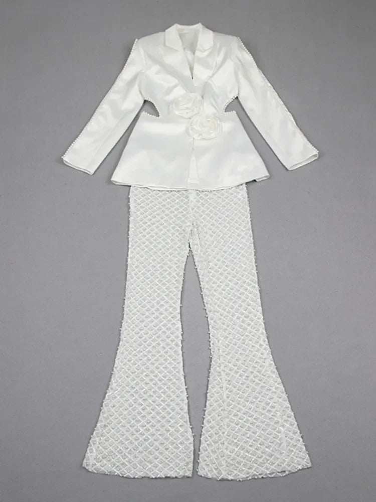 Pearl Beading White Pants Set