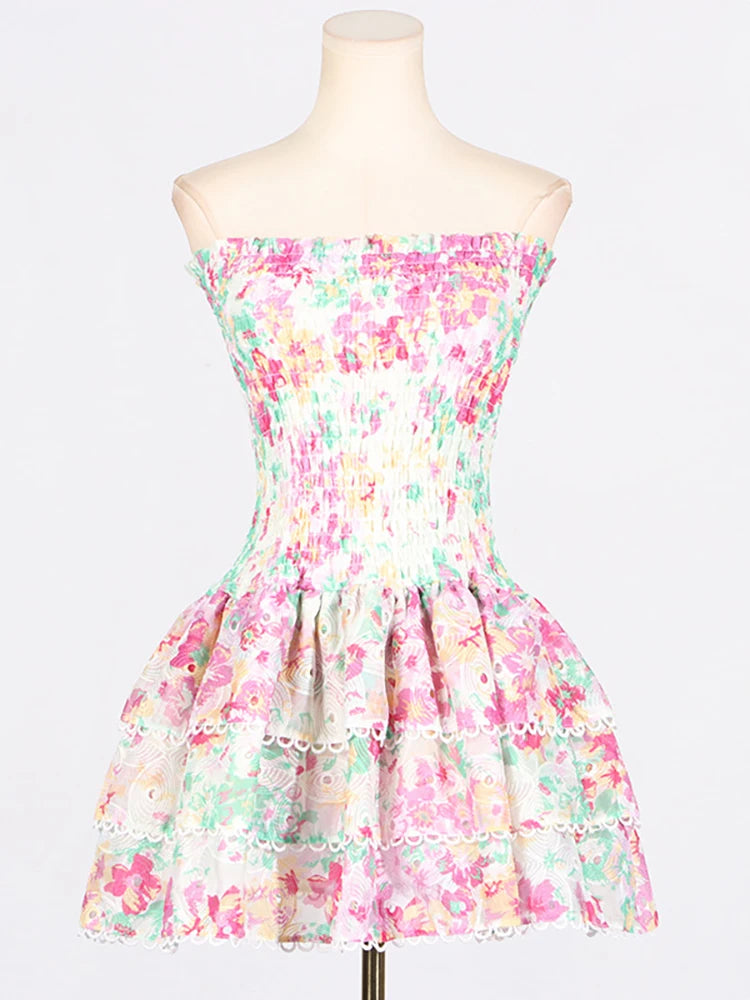 Hit Color Floral Printing strapless Dress