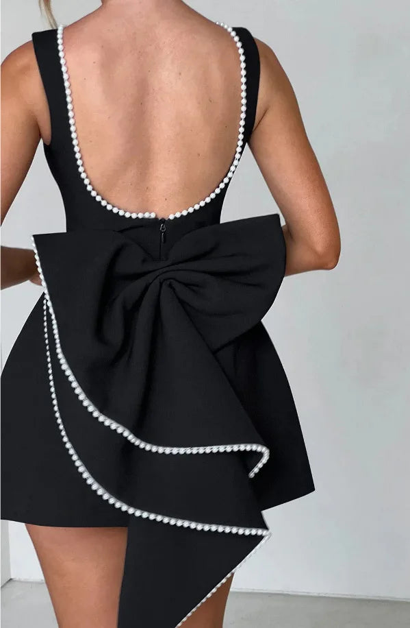 Elegant Pearl Bow Backless Short Dress Black Mini Dress 1