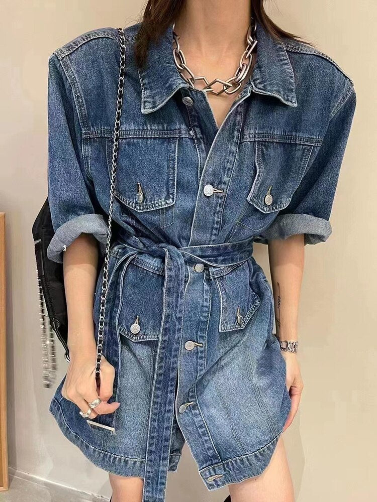 Button Denim Dresses  Lapel Long Sleeve High Waist Mini Solid