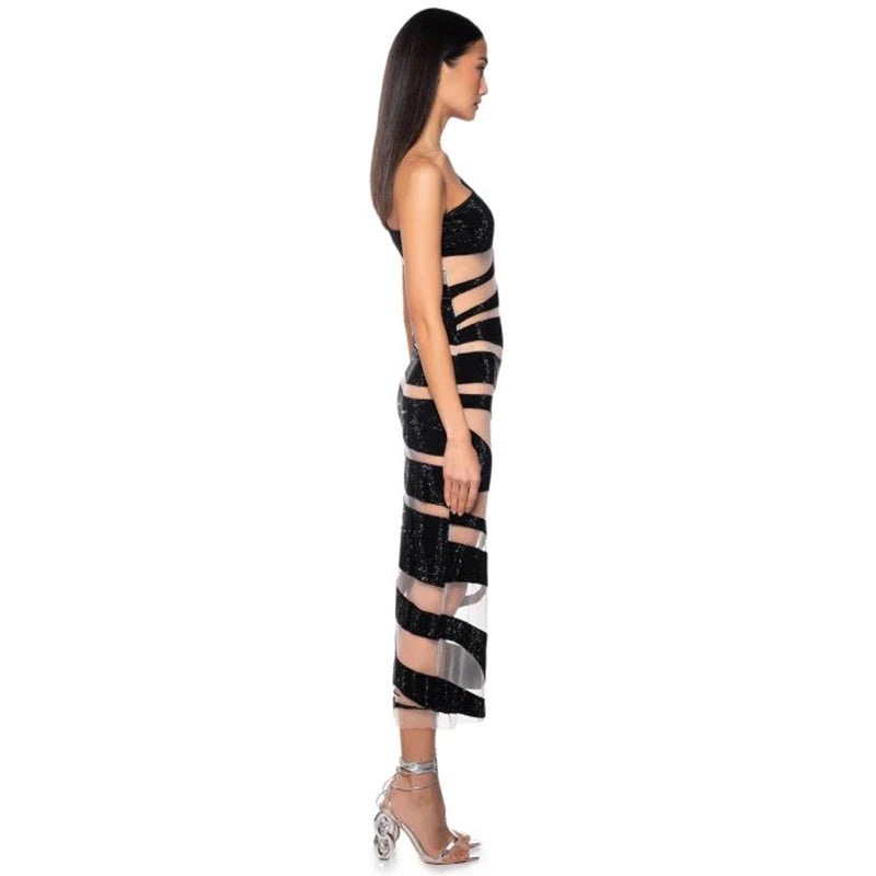 Single Shoulder Stripe Bandage Long Dress