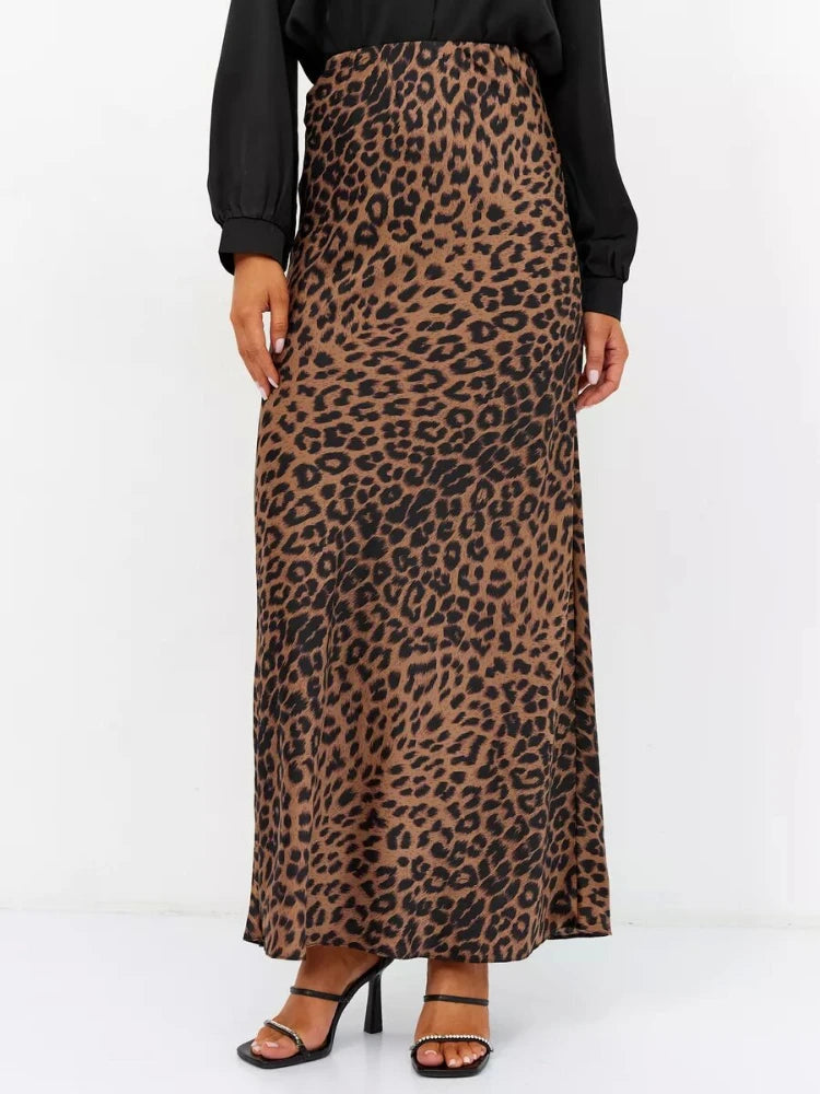 Leopard Satin Skirt Elastic High Waist