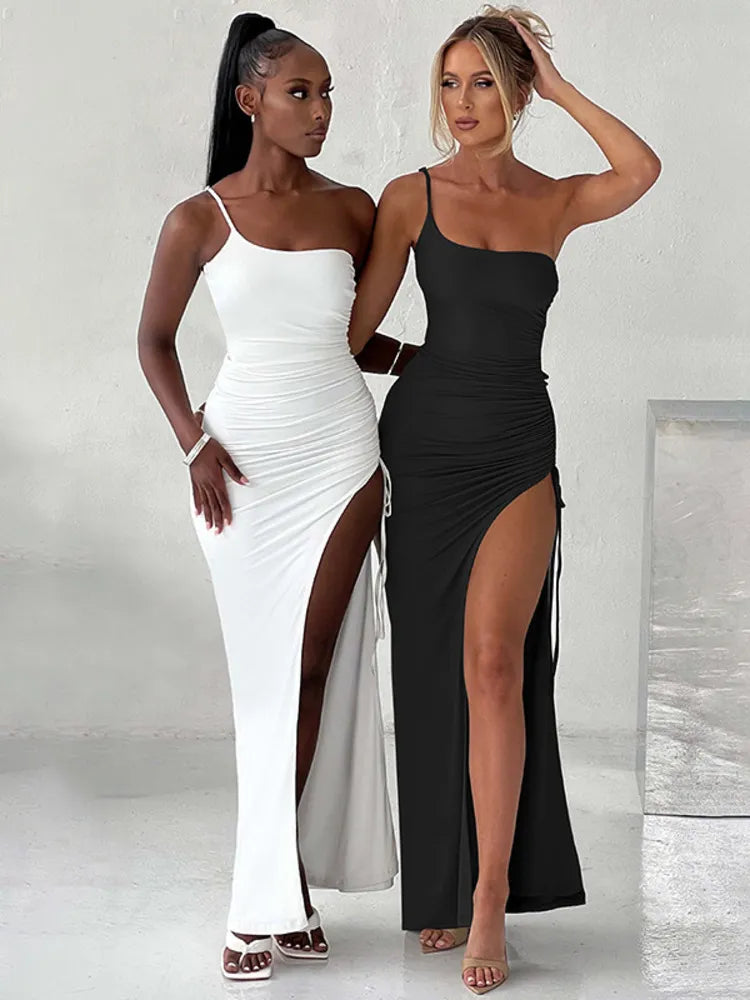 One Shoulder Strap Thigh High Split Maxi Dress