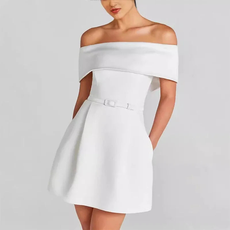 Elegant Off-Shoulder A-Line Mini Dress - Sleeveless & Backless White Mini Dress 1