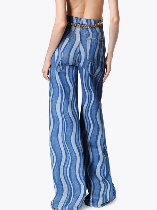 Hit Color Striped Prnting Denim Pants