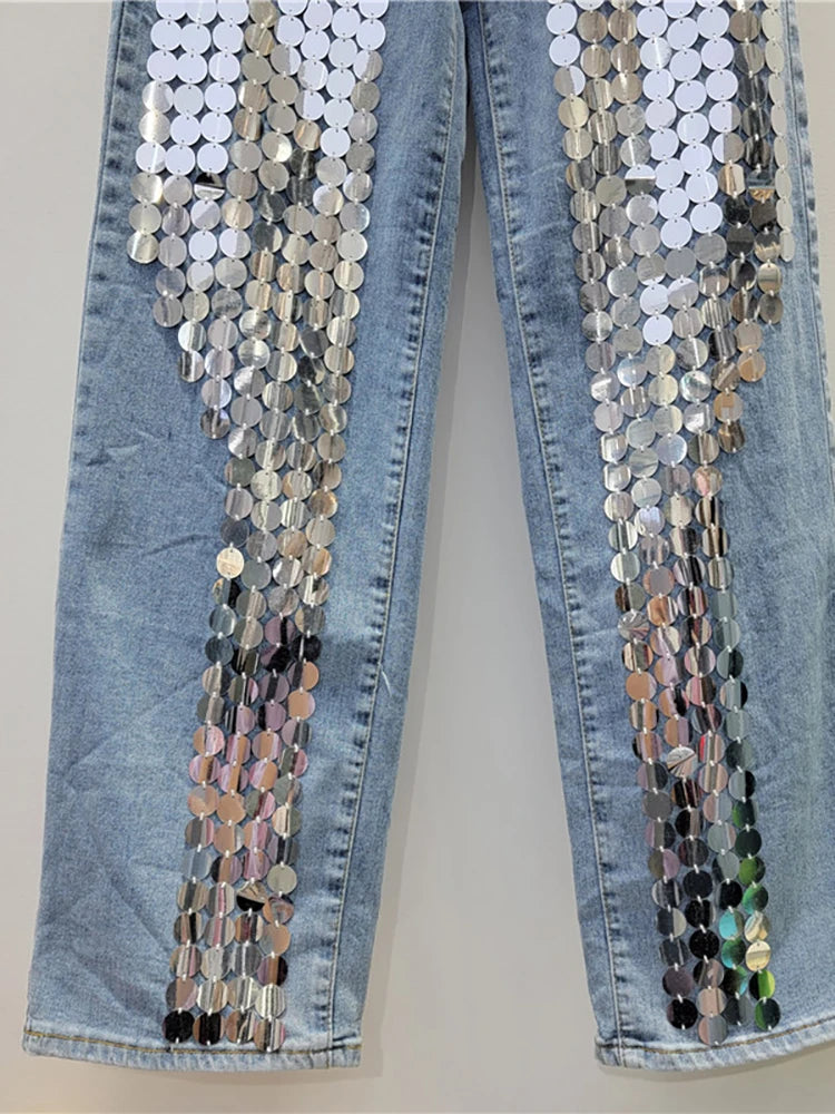 Jeans High Waist Solid Color Sequins