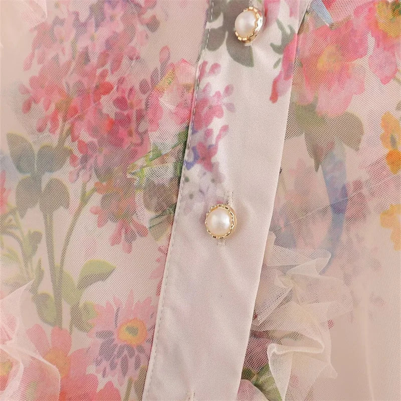 Pastoral style Flower Print Mesh Shirt