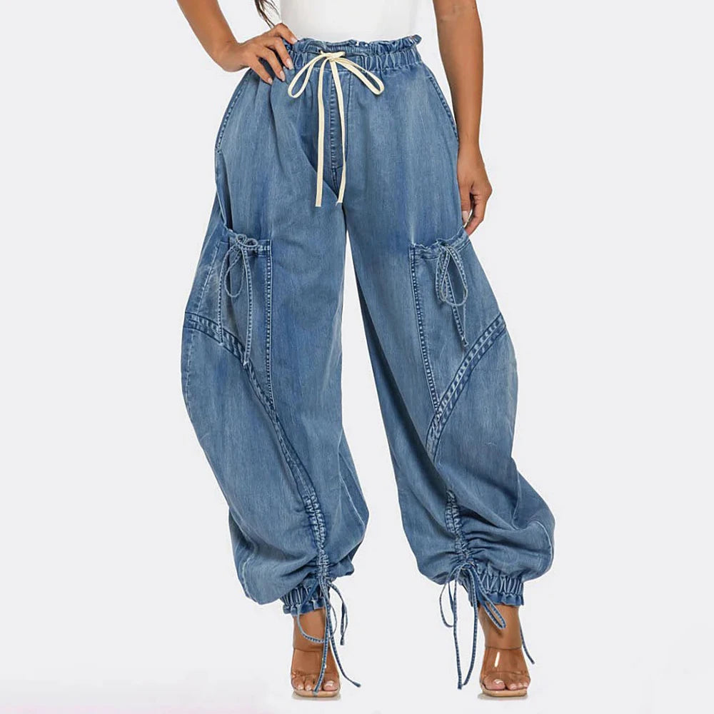 Denim Spliced Lace Up Jeans Bottoms