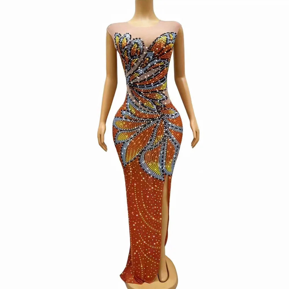 Orange Colorful Rhinestones Sleeveless Dress