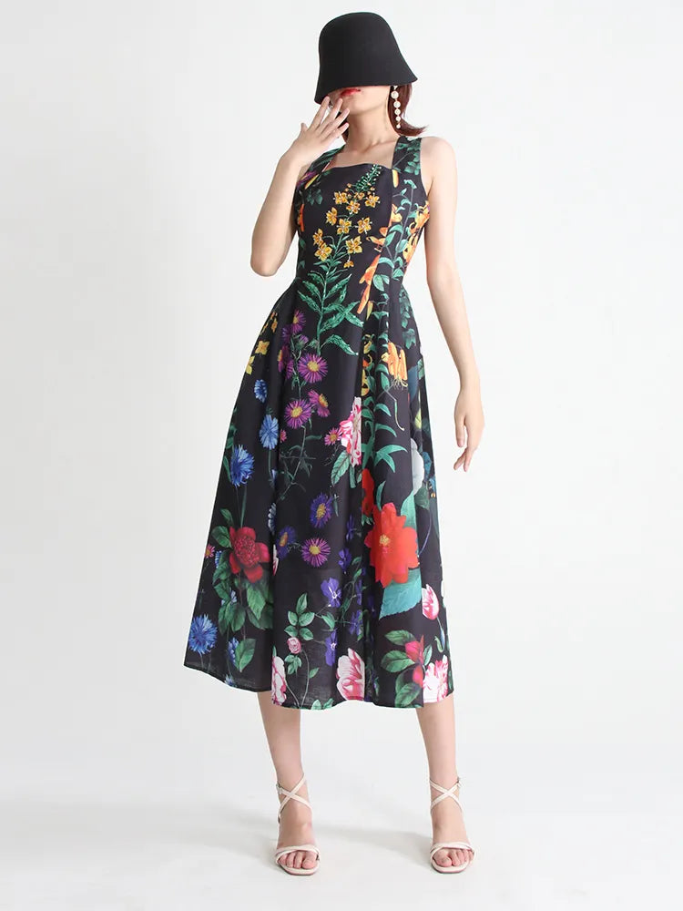 Square Collar Sleeveless High Waist Print Colorblock Midi Dresses Fe