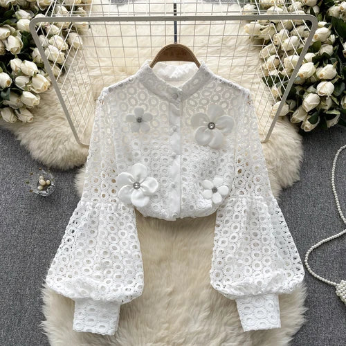 Long Sleeve Puff Sleeve Hollow Floral Crop Top White One Size PE Blouses