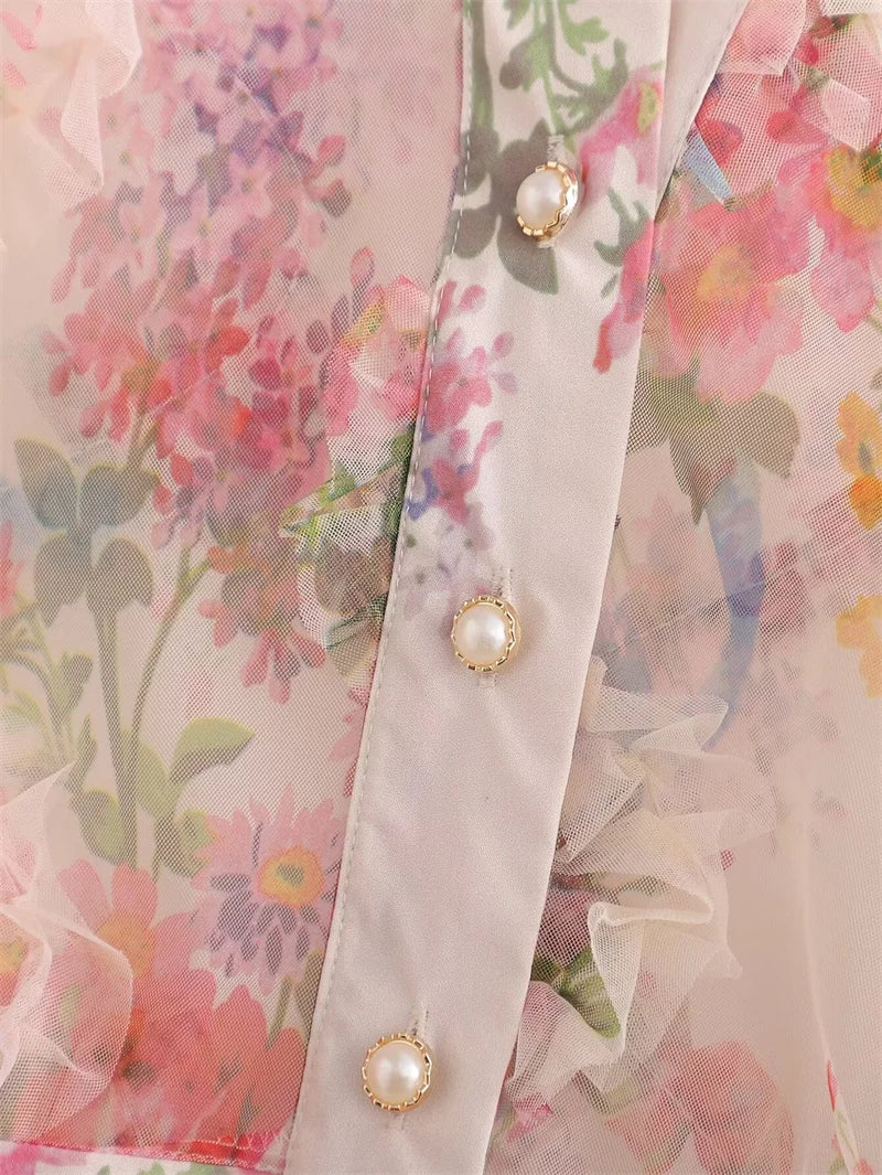 Pastoral style Flower Print Mesh Shirt