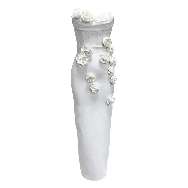 White Color Women Sexy Strapless Florals Maxi dress 1