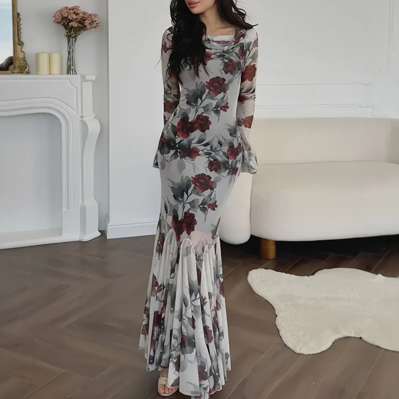 Elegant O-neck Floral Print Gala Dress