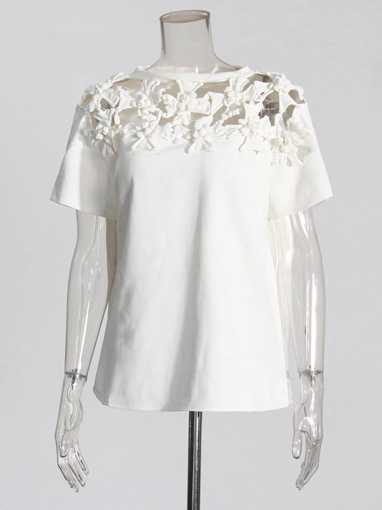 Minimalist Patchwork Appliques T Shirts WHITE PE Blouses