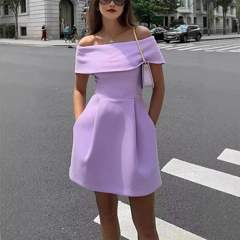 Elegant Off-Shoulder A-Line Mini Dress - Sleeveless & Backless Light Purple Mini Dress 1