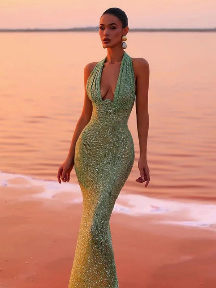 Sexy Halter Deep V Neck Sequins Maxi Dress Maxi dress 1