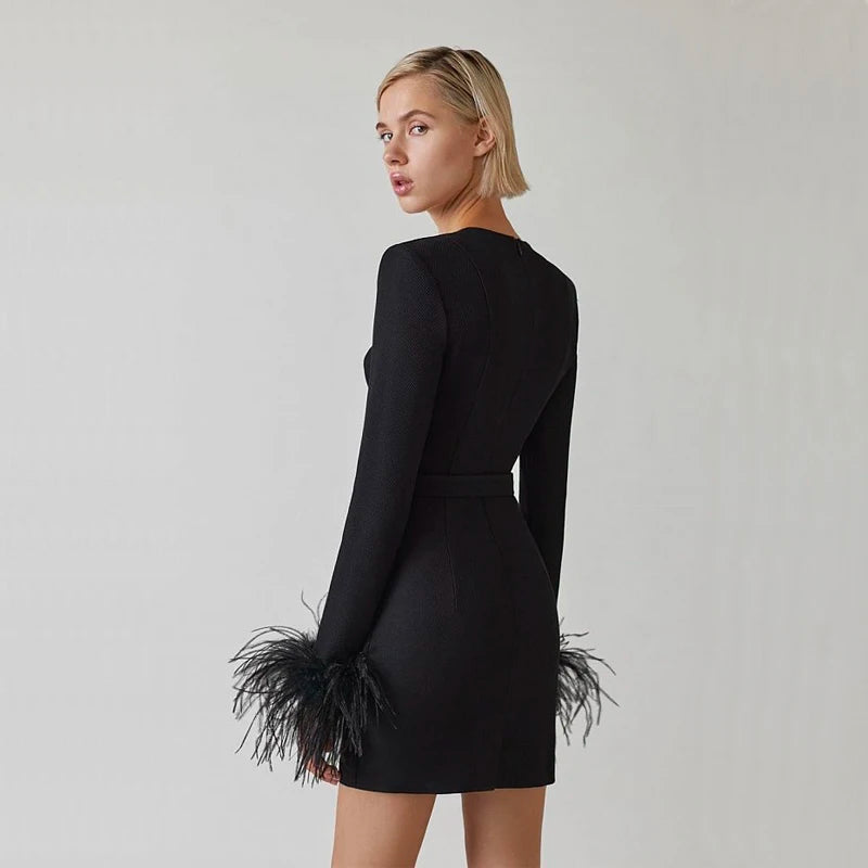 Long Sleeve Feather Mini Cocktail Dress Mini Dress 1